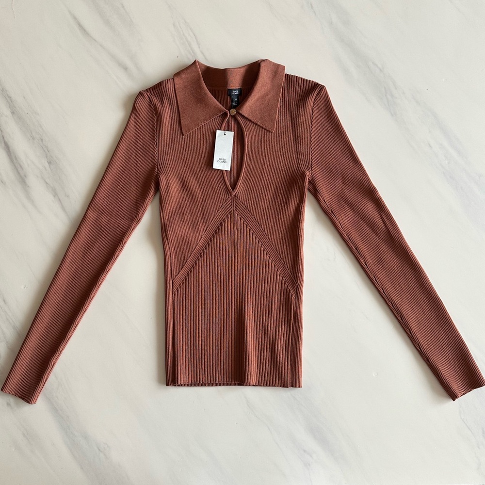 NWT River Island - Cut out knit polo top - rust brown